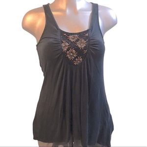 Lush Tank Top Asymmetrical Hem Stud Embroidered Black Lagenlook Layer Casual